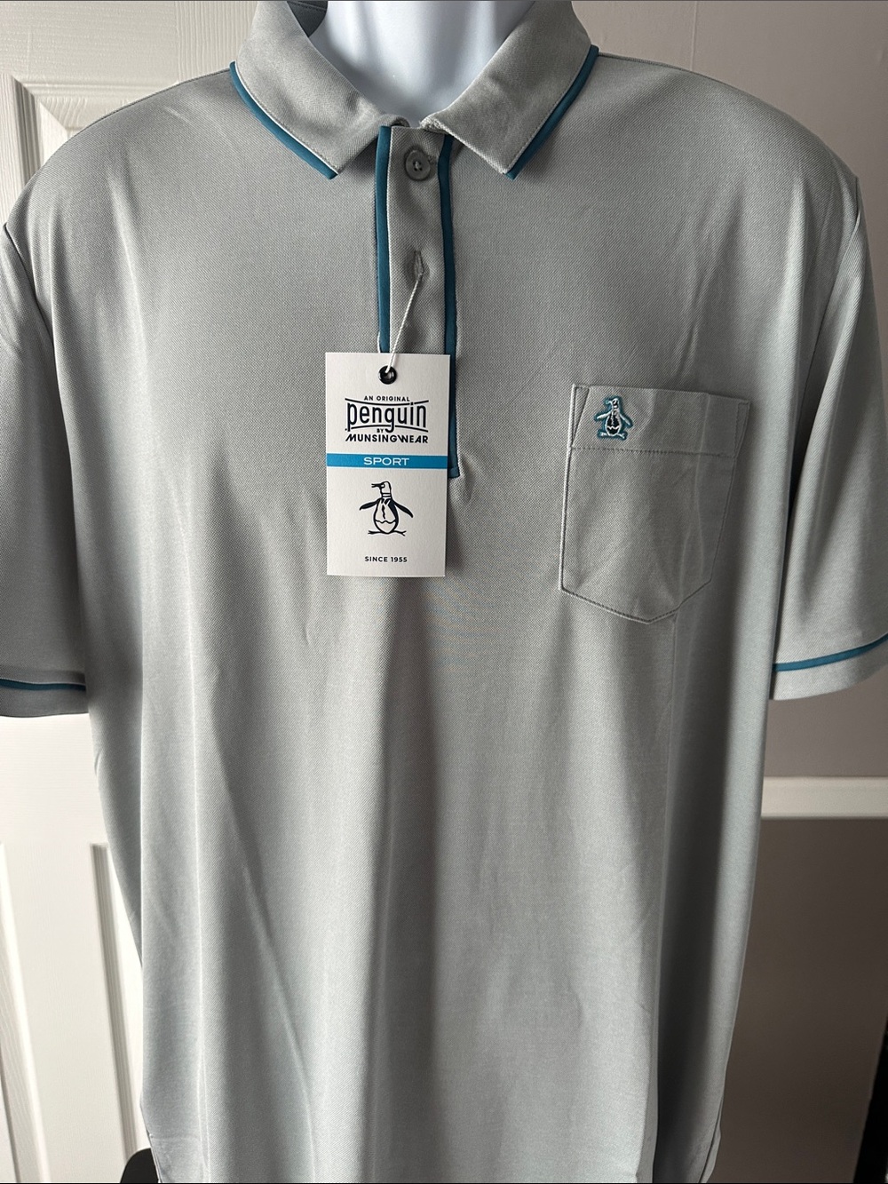 Original Penguin Men’s Light Gray Polo with Teal Trim